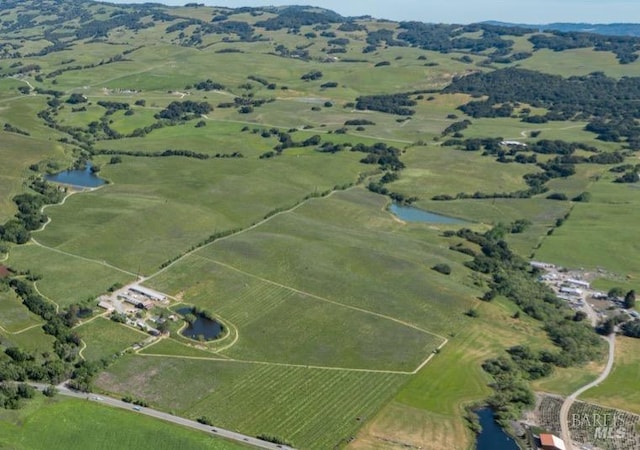 bird's eye view featuring a rural view and a water view