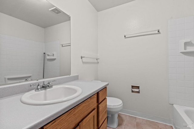 full bathroom featuring tile patterned flooring, vanity, toilet, baseboards, and visible vents