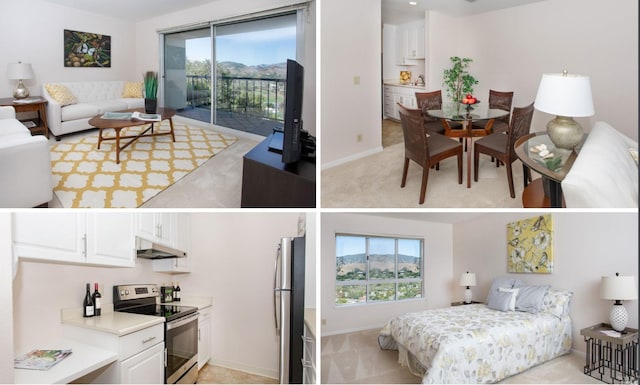 bedroom featuring light colored carpet, stainless steel refrigerator, and access to exterior