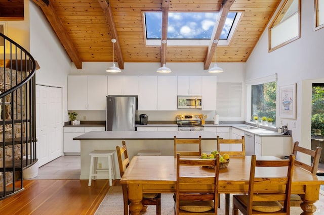 kitchen featuring hardwood / wood-style floors, appliances with stainless steel finishes, a skylight, decorative light fixtures, and white cabinetry