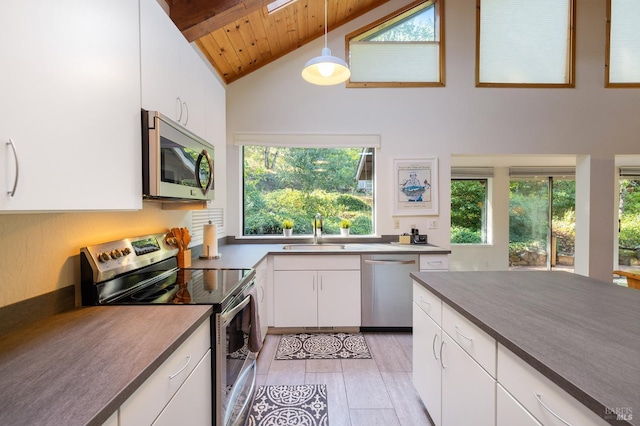 kitchen with pendant lighting, wood ceiling, appliances with stainless steel finishes, white cabinets, and sink