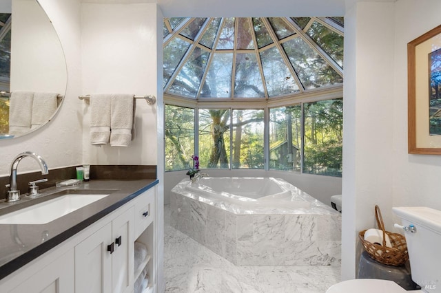 bathroom featuring toilet, a relaxing tiled bath, and oversized vanity