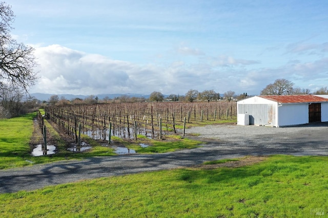 view of yard with a rural view and an outdoor structure