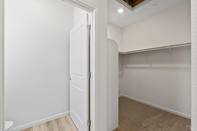 walk in closet featuring light carpet
