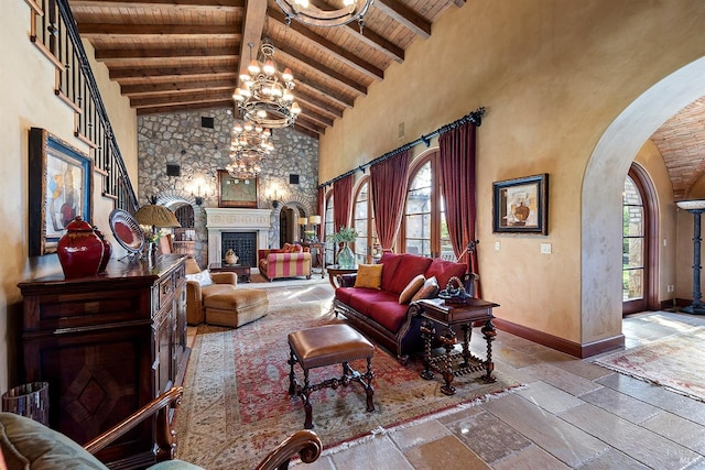 living room with high vaulted ceiling, beamed ceiling, wood ceiling, and light tile floors