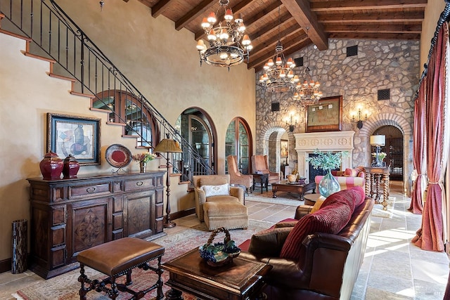 living room featuring high vaulted ceiling, light tile flooring, and beamed ceiling