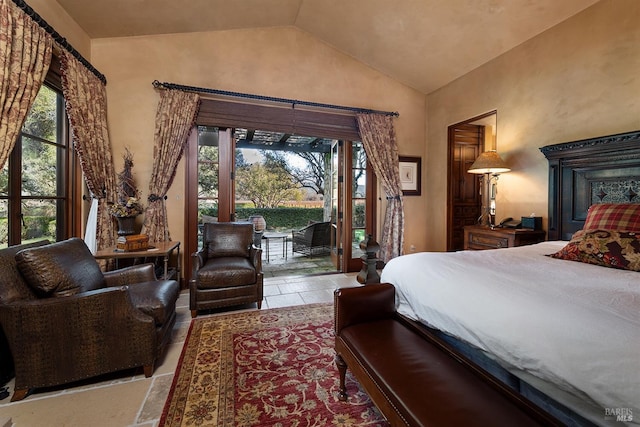 tiled bedroom featuring multiple windows, access to exterior, and lofted ceiling