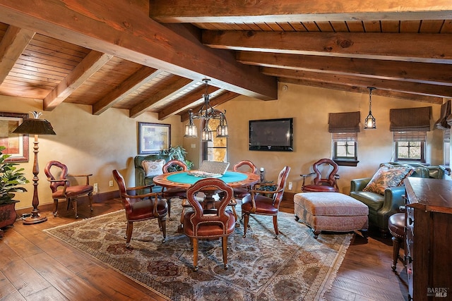 dining area with an inviting chandelier, wooden ceiling, vaulted ceiling with beams, and dark wood-type flooring