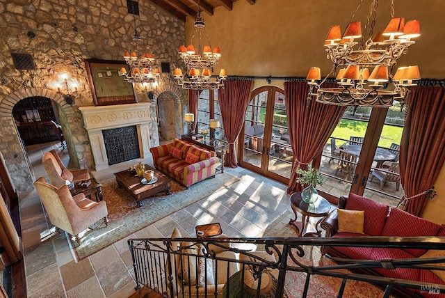 tiled living room featuring a chandelier, high vaulted ceiling, french doors, and beamed ceiling