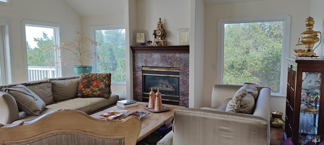 living room with a premium fireplace