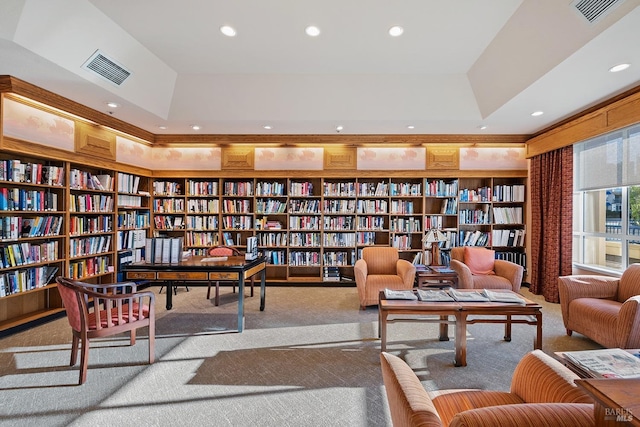 sitting room with light carpet and a tray ceiling