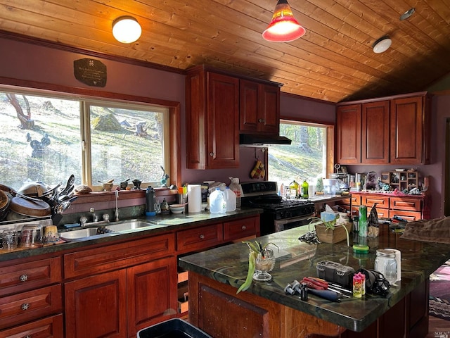 kitchen featuring exhaust hood, a kitchen island, wood ceiling, and range with gas cooktop