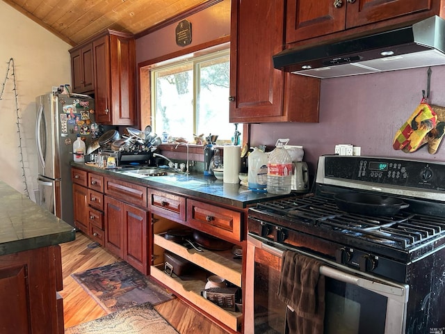 kitchen featuring sink, light hardwood / wood-style floors, vaulted ceiling, wood ceiling, and appliances with stainless steel finishes