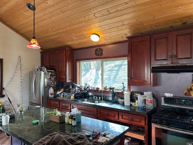 kitchen featuring wooden ceiling, dark stone counters, sink, hardwood / wood-style flooring, and appliances with stainless steel finishes