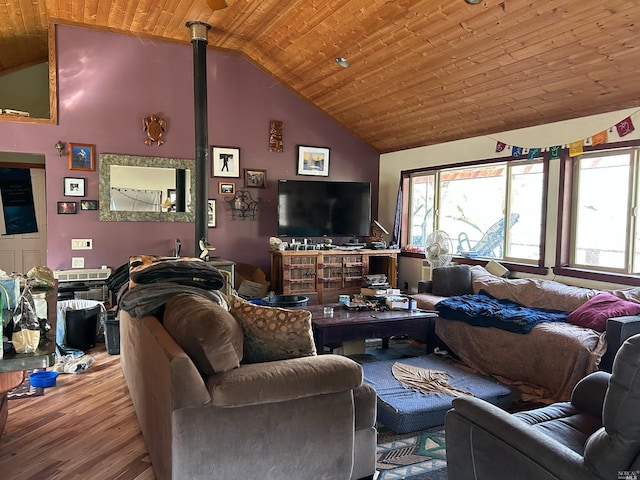 living room with high vaulted ceiling, wood ceiling, and light wood-type flooring