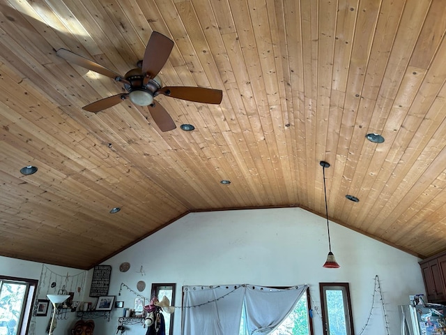 room details with ceiling fan and wood ceiling