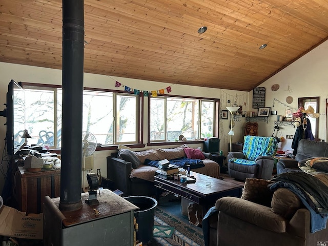 living room with wood ceiling and lofted ceiling