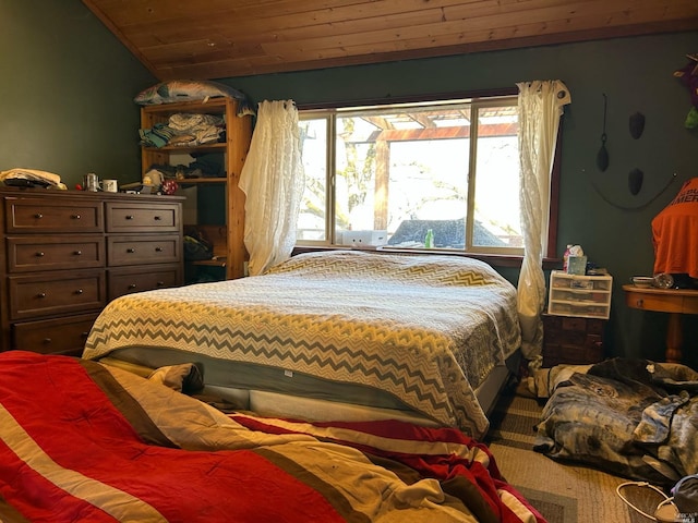 bedroom with carpet and wooden ceiling