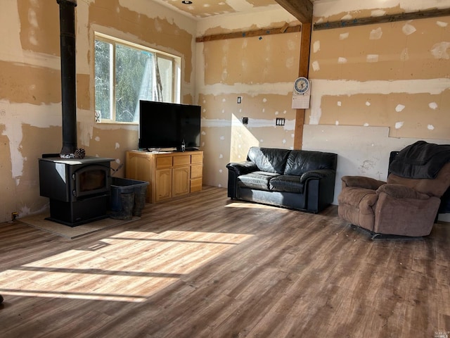 living room featuring wood-type flooring and a wood stove