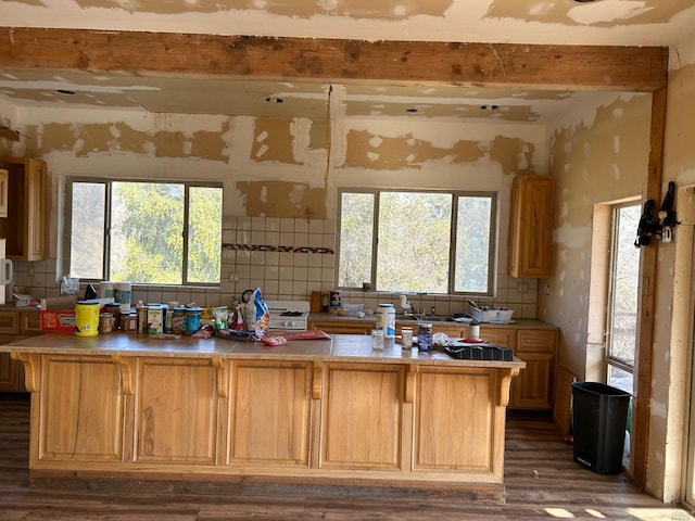 kitchen featuring dark hardwood / wood-style flooring, backsplash, light brown cabinetry, and sink