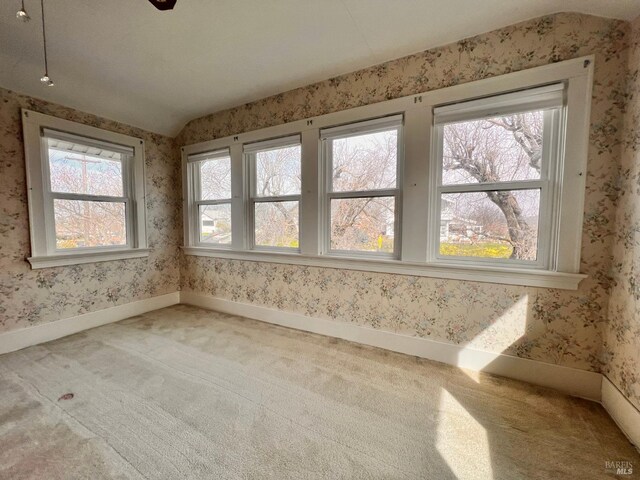 carpeted empty room featuring vaulted ceiling and a healthy amount of sunlight