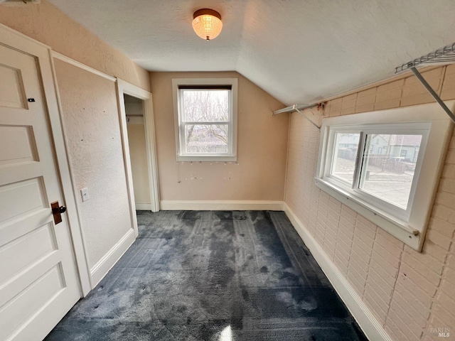 additional living space with lofted ceiling, a wealth of natural light, dark colored carpet, and a textured ceiling