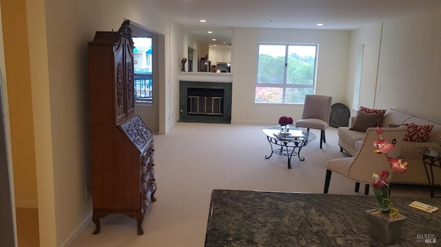 living room featuring light colored carpet