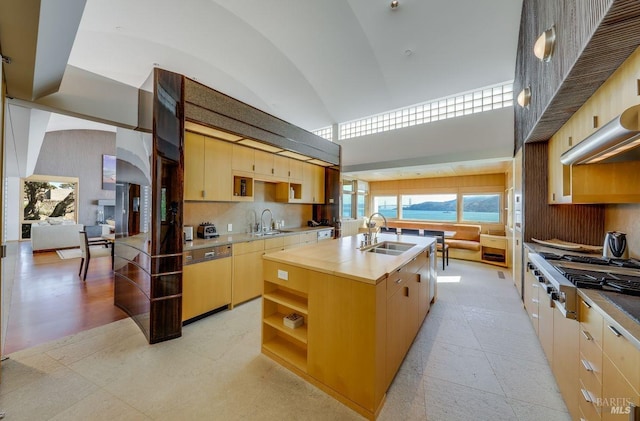 kitchen featuring dishwasher, sink, an island with sink, and light tile flooring