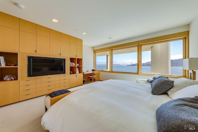 carpeted bedroom with a water view