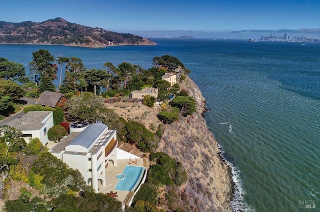 birds eye view of property featuring a water and mountain view