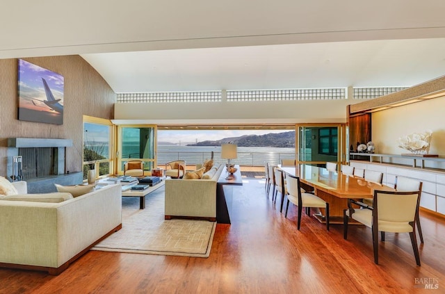 living room featuring a mountain view and dark wood-type flooring