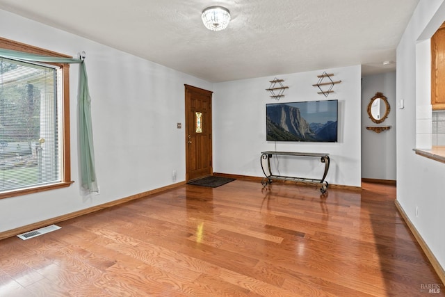 unfurnished living room with light hardwood / wood-style floors, a wealth of natural light, and a textured ceiling