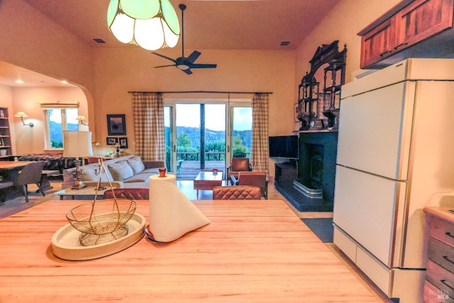 living room with a mountain view, light hardwood / wood-style floors, and ceiling fan