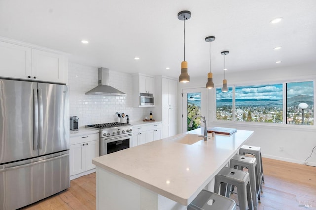 kitchen with wall chimney range hood, appliances with stainless steel finishes, backsplash, light wood-type flooring, and sink