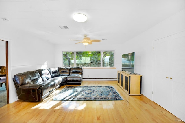 living room featuring light hardwood / wood-style floors, ceiling fan, and a baseboard heating unit