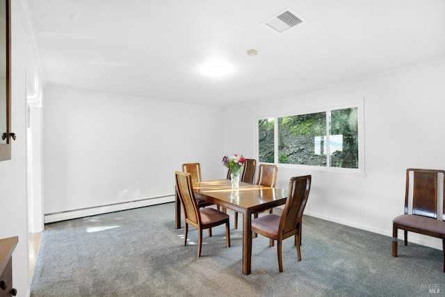 dining room featuring crown molding, a baseboard radiator, and dark colored carpet