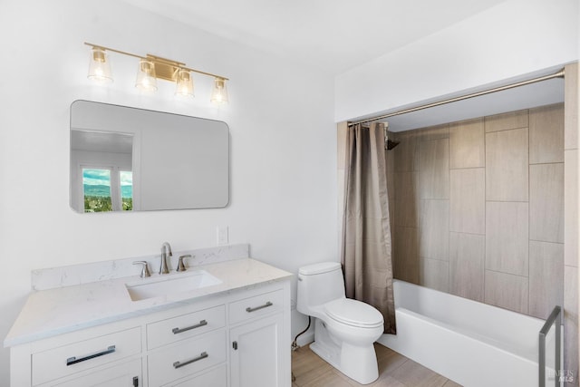 full bathroom featuring toilet, vanity, and shower / bathtub combination with curtain