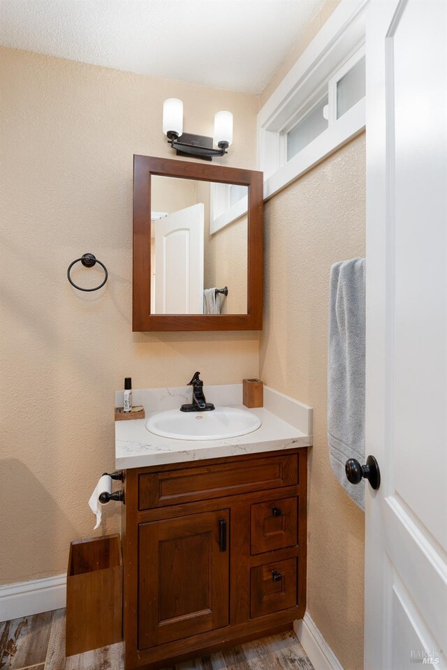 bathroom featuring vanity and wood-type flooring