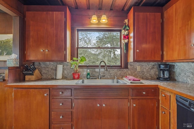 kitchen featuring black dishwasher, sink, tasteful backsplash, and wood ceiling