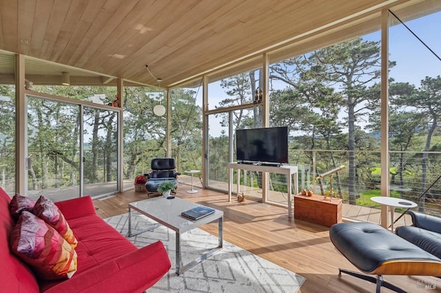 sunroom / solarium featuring a wealth of natural light, wood ceiling, and lofted ceiling