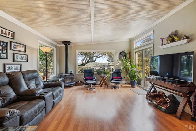 living room with hardwood / wood-style flooring, a wood stove, vaulted ceiling, and ornamental molding