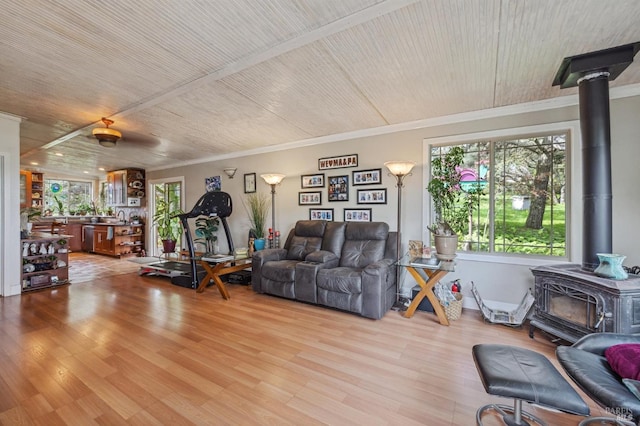 living room featuring wood-type flooring, a wood stove, crown molding, and plenty of natural light