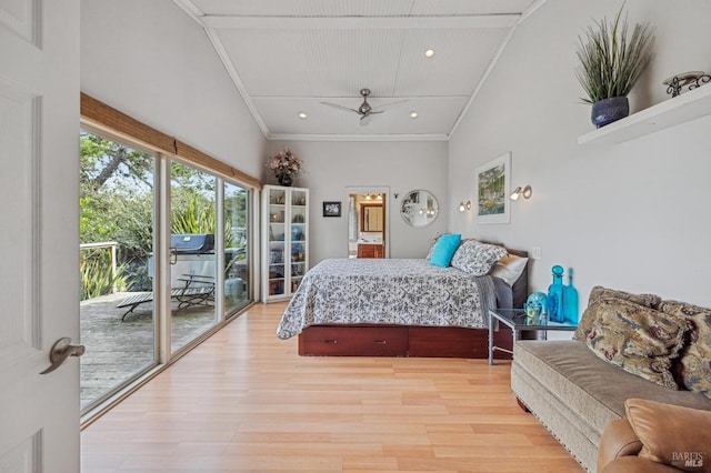 bedroom with ornamental molding, high vaulted ceiling, light hardwood / wood-style flooring, and access to outside