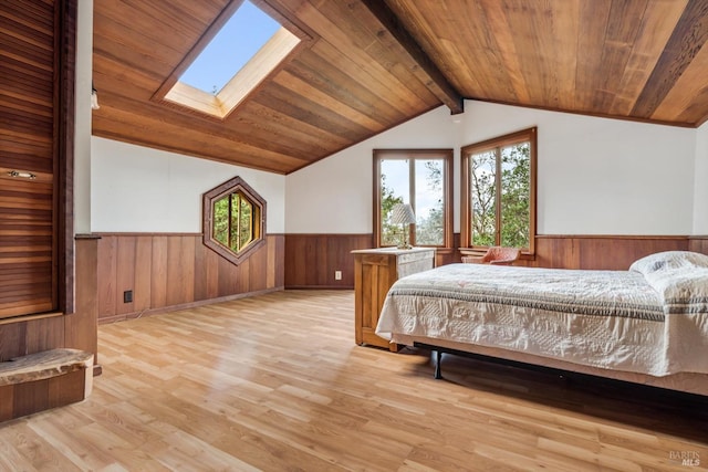 bedroom featuring lofted ceiling with skylight, wood ceiling, and light wood-type flooring