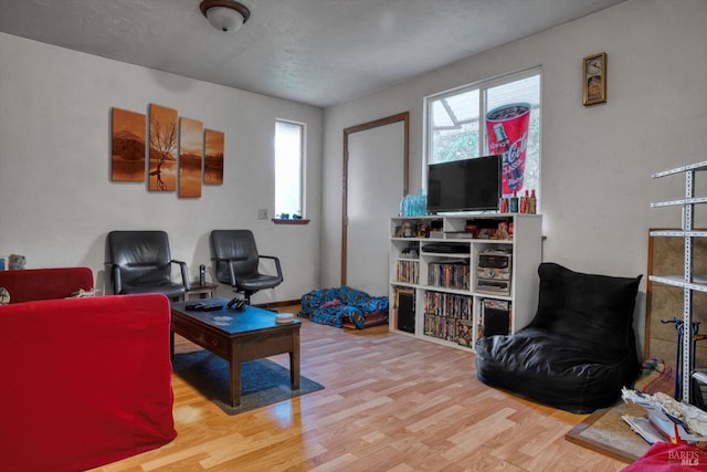 living room with a healthy amount of sunlight, a textured ceiling, and light wood-type flooring