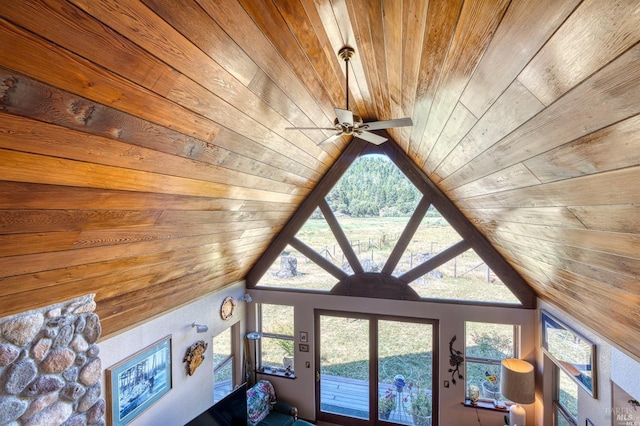 room details featuring ceiling fan, wood walls, and wooden ceiling