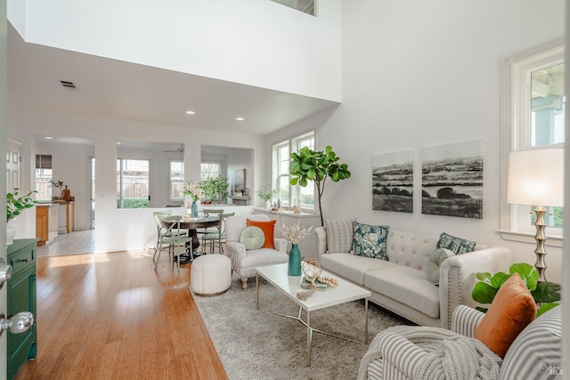 living room with light hardwood / wood-style floors and a towering ceiling