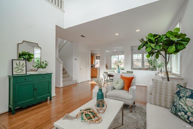 living room featuring light hardwood / wood-style floors and a high ceiling