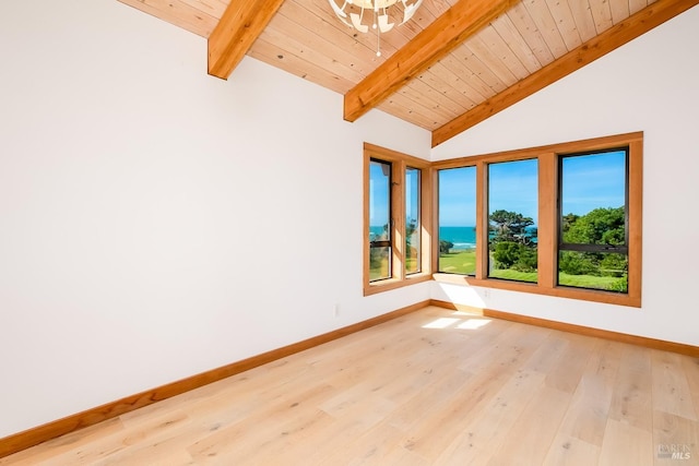 empty room with baseboards, vaulted ceiling with beams, light wood-style floors, and wood ceiling