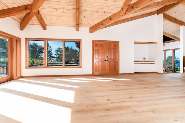 unfurnished living room with light wood-type flooring, beamed ceiling, baseboards, and wood ceiling